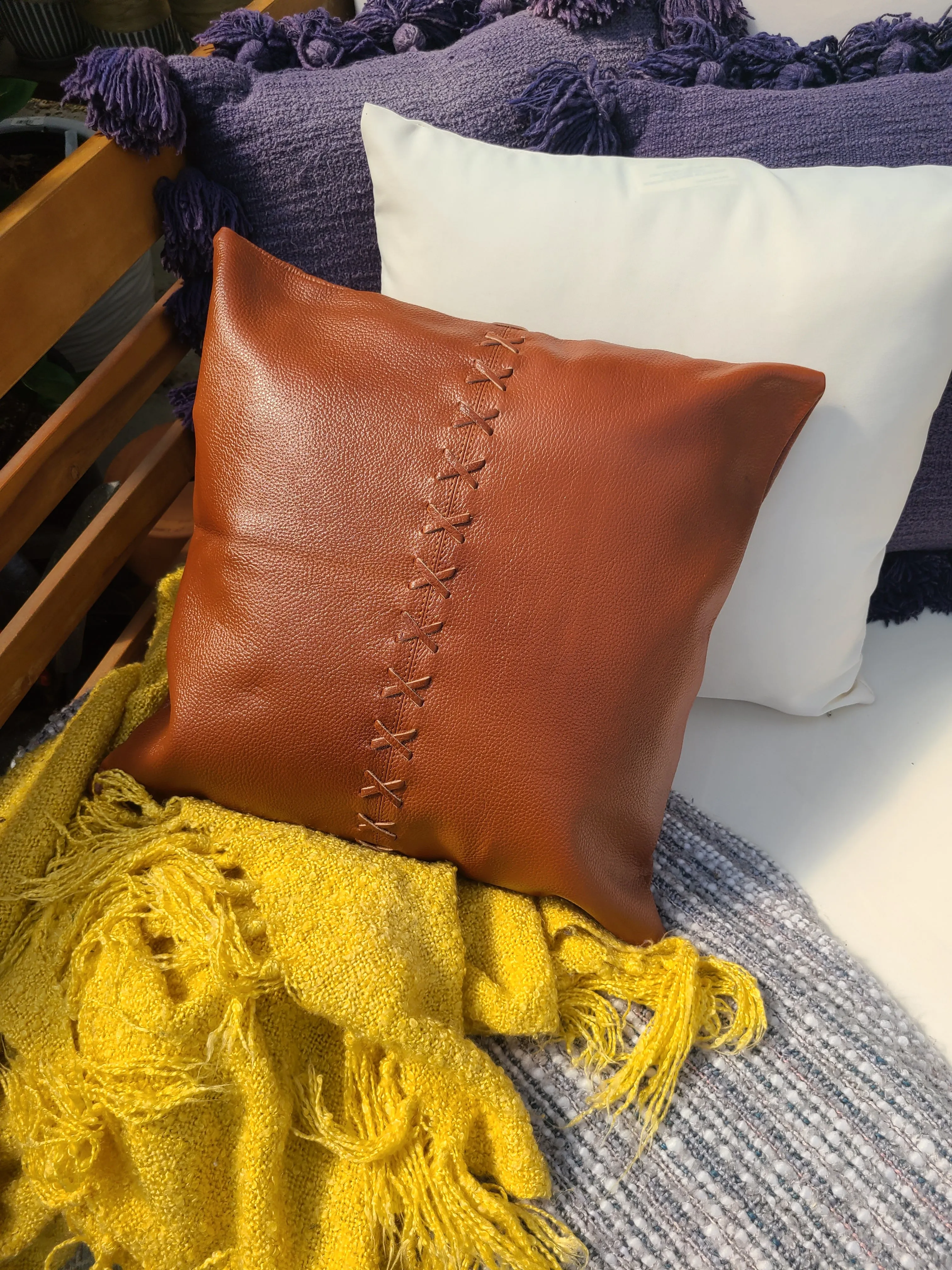 100% Leather Burnt Orange Throw Pillow Cover - 16 x 16