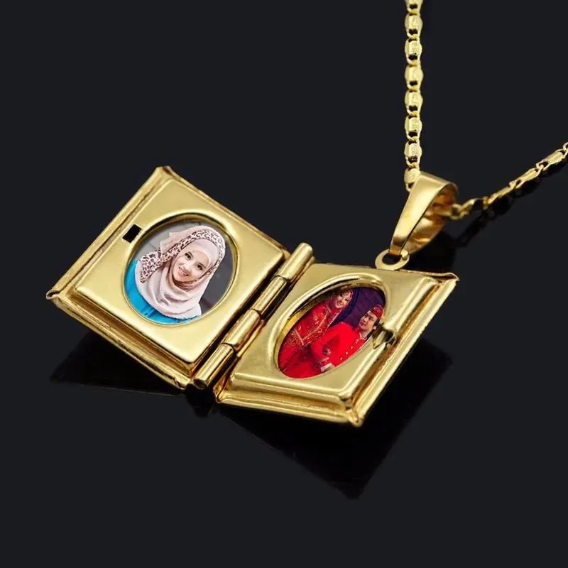 2 pc Necklace Quran Book Openable Pendant Photo Locket Box Necklace Religion Islamic Jewelry Accessories - S322379268