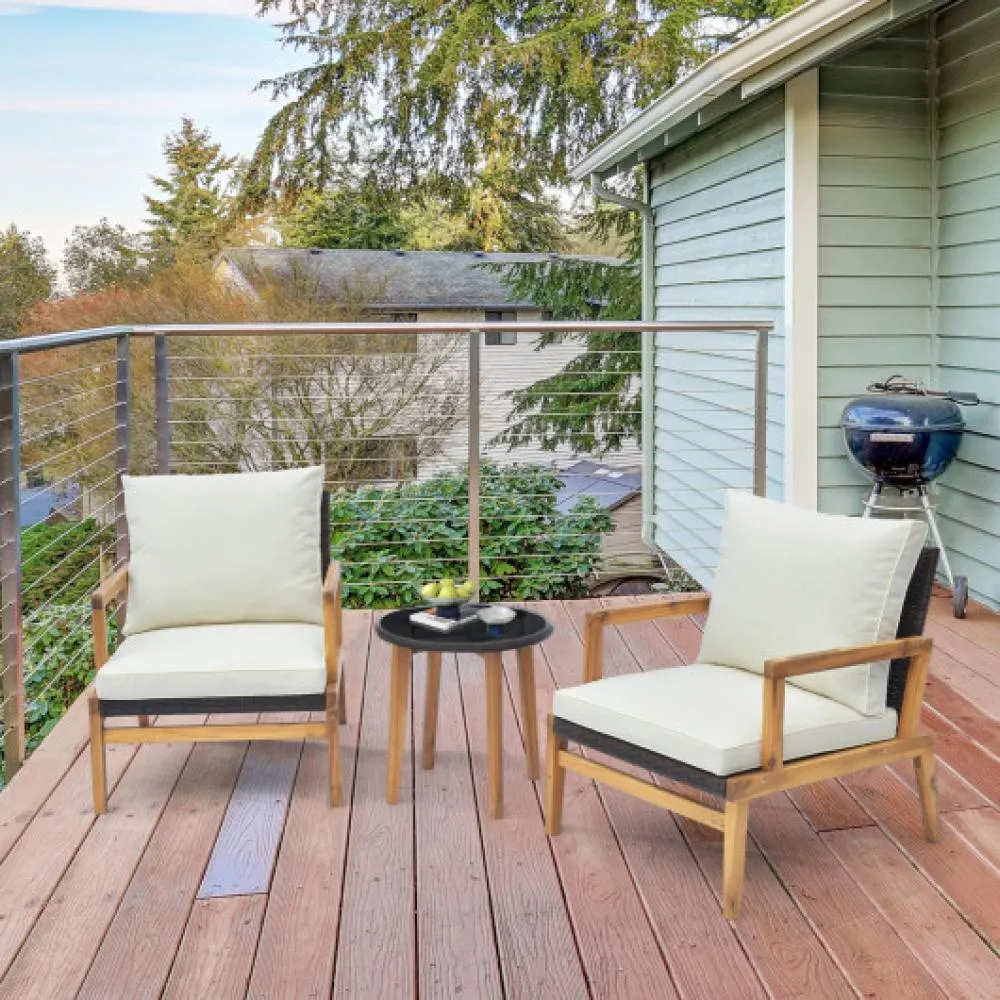 3 Pieces Patio Furniture Set with Cushioned Chairs and Tempered Glass Side Table-Brown