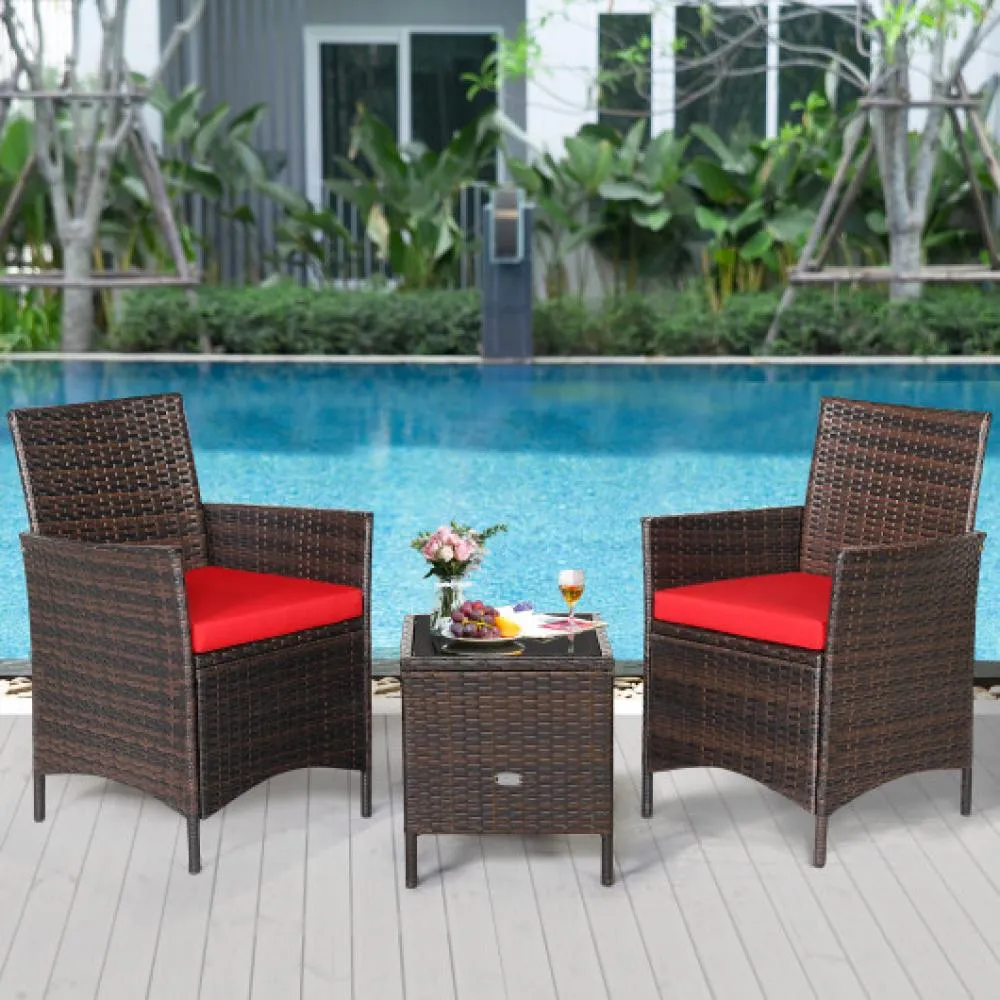 3 Pieces Patio Rattan Furniture Set Cushioned Sofa and Glass Tabletop Deck-White