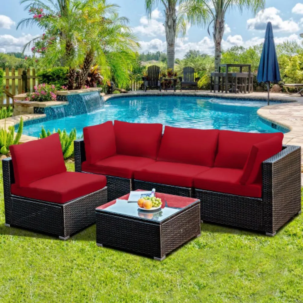 5 Pieces Cushioned Patio Rattan Furniture Set with Glass Table-Turquoise