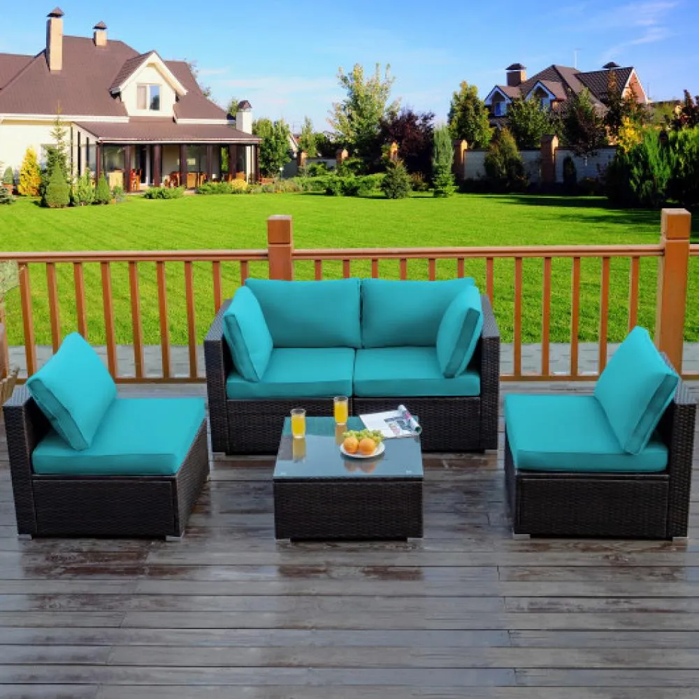 5 Pieces Cushioned Patio Rattan Furniture Set with Glass Table-Turquoise