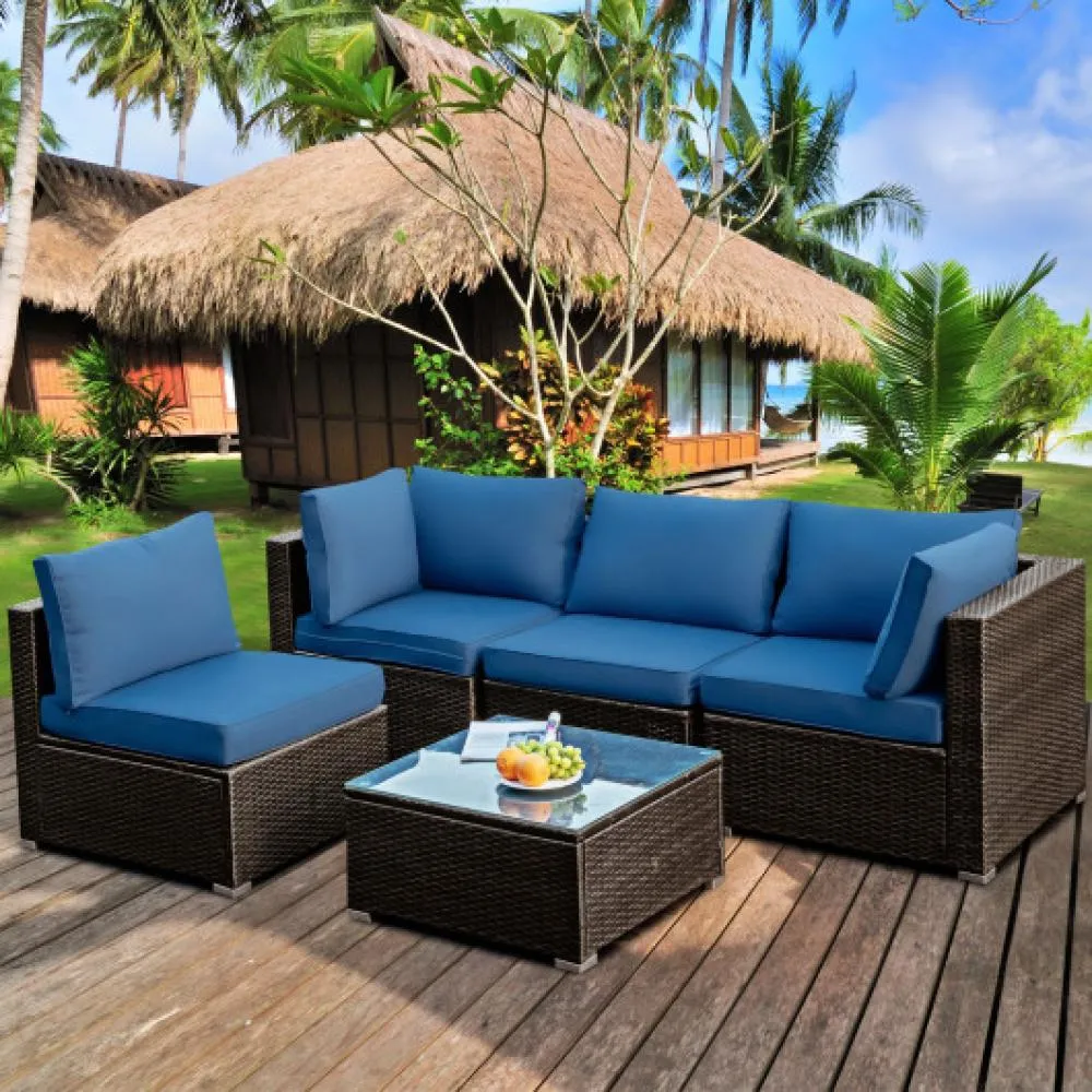 5 Pieces Cushioned Patio Rattan Furniture Set with Glass Table-Turquoise