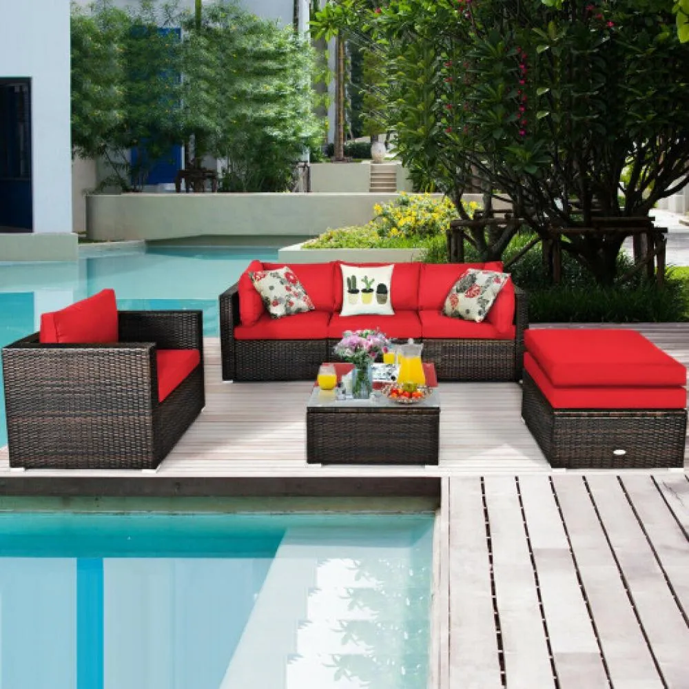 6 Pcs Patio Rattan Furniture Set with Sectional Cushion-Turquoise