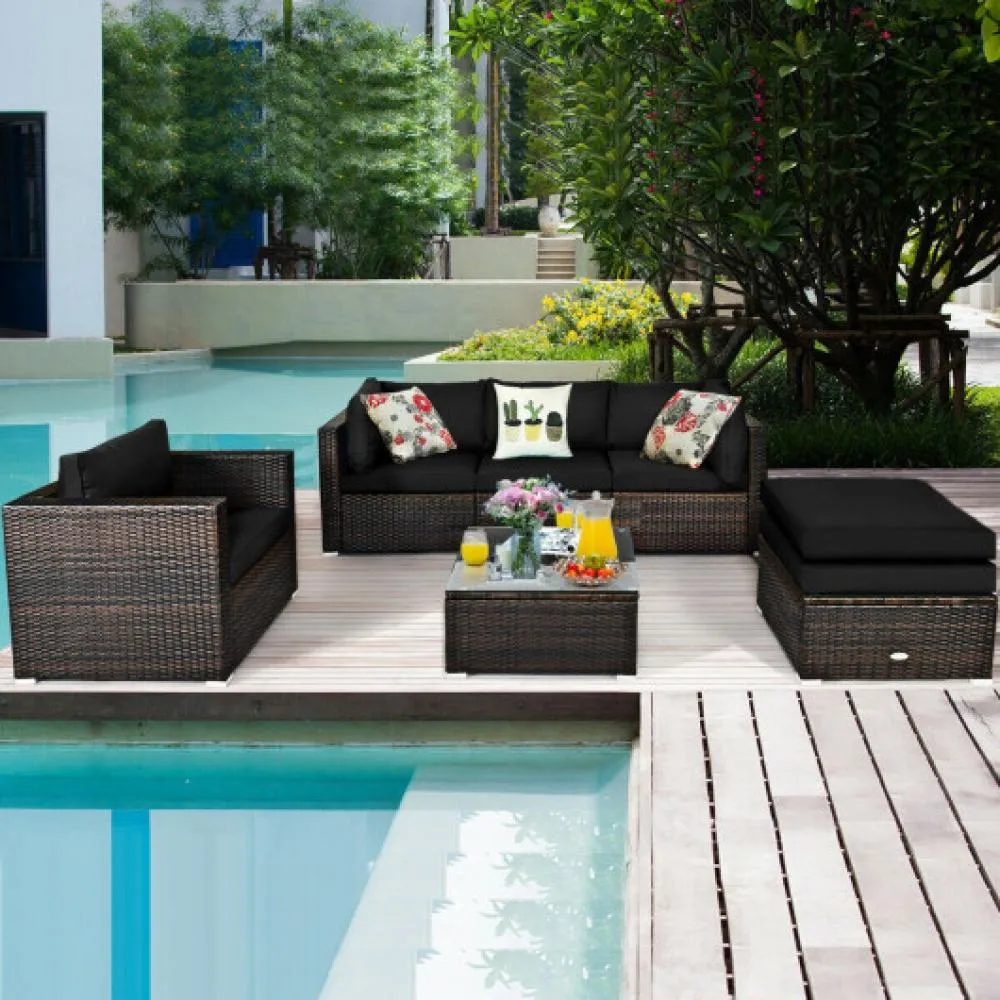 6 Pcs Patio Rattan Furniture Set with Sectional Cushion-Turquoise