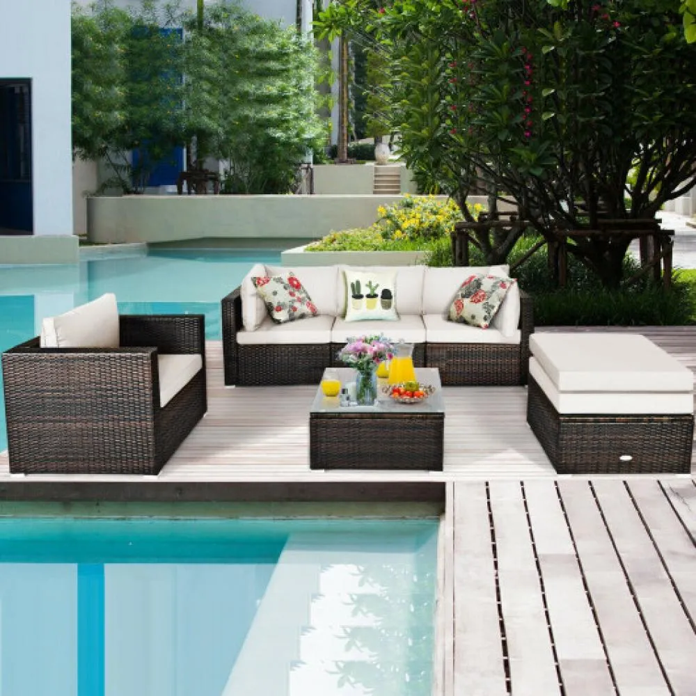 6 Pcs Patio Rattan Furniture Set with Sectional Cushion-Turquoise