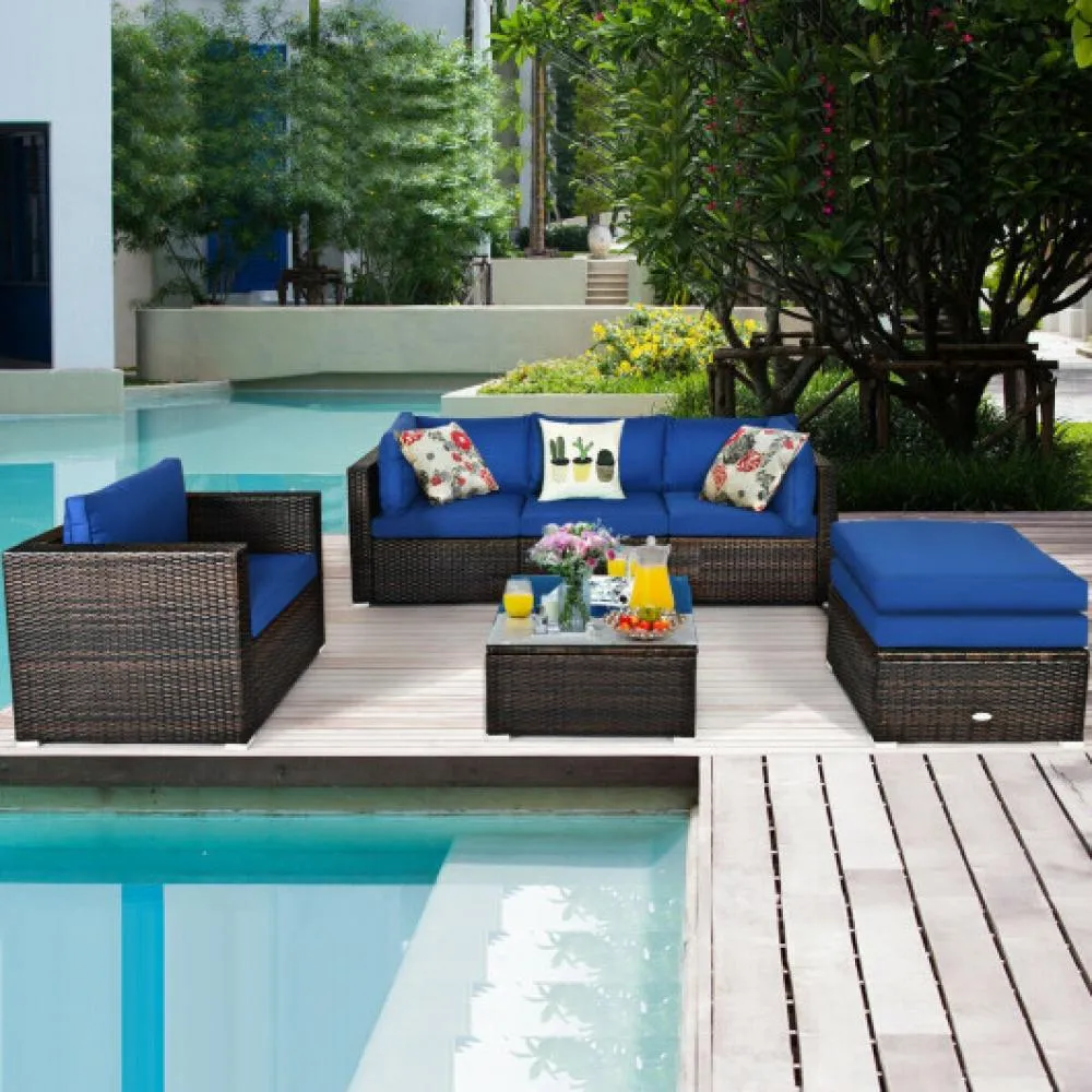 6 Pcs Patio Rattan Furniture Set with Sectional Cushion-Turquoise