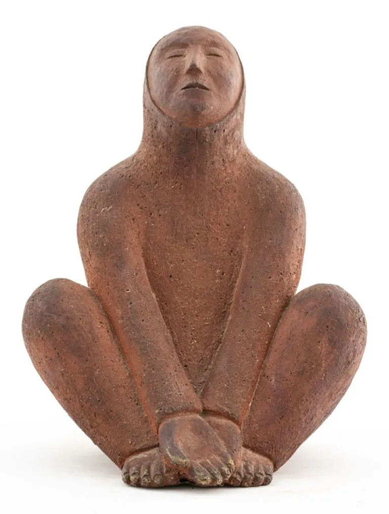 Abstract Red Clay Sculpture Of A Seated Figure