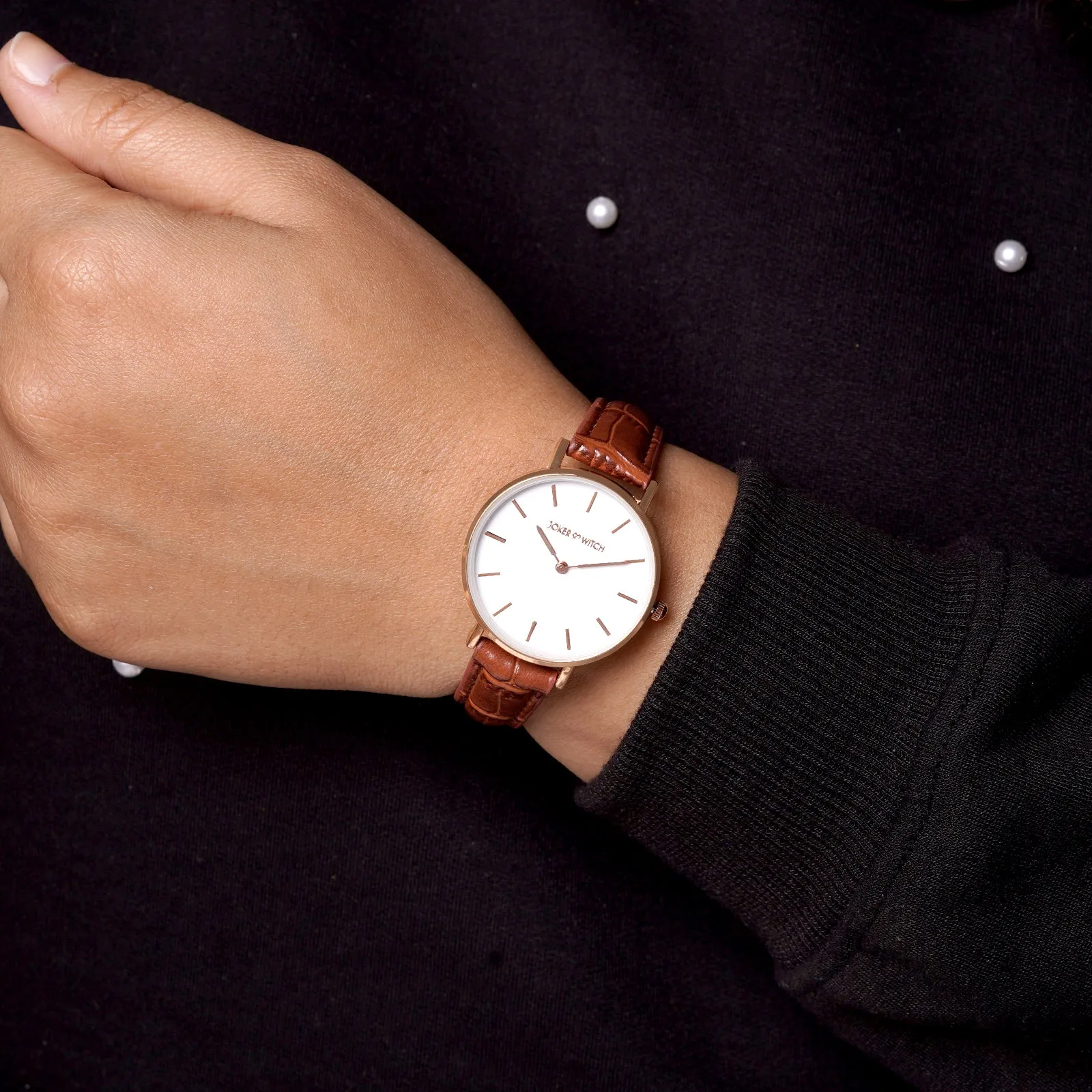 Ariana White Dial Rosegold & Brown Croc Strap Watch