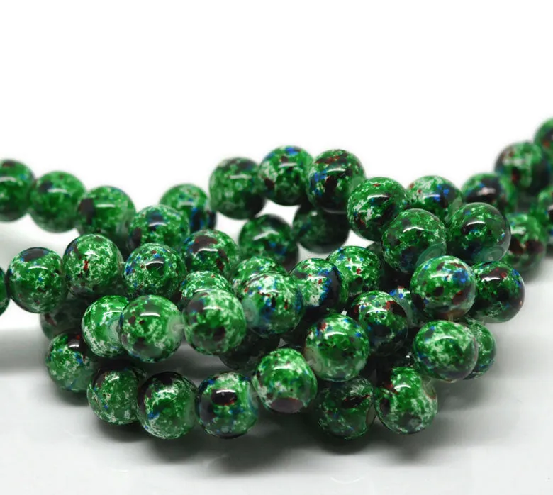 Beads Glass Round Mottled 10mm Strand 15 Green