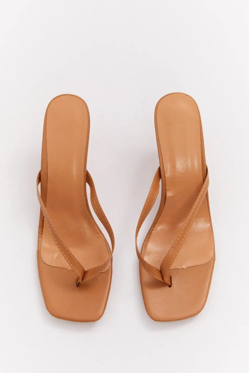 Beige Toe Post Stiletto Heeled Mule Sandals