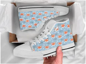 Blue Fox Shoes Fox Pattern Sneakers Fox Print Cute Shoes Fox Lover Gifts Custom High Top Converse Style Sneakers For Adults Women & Men