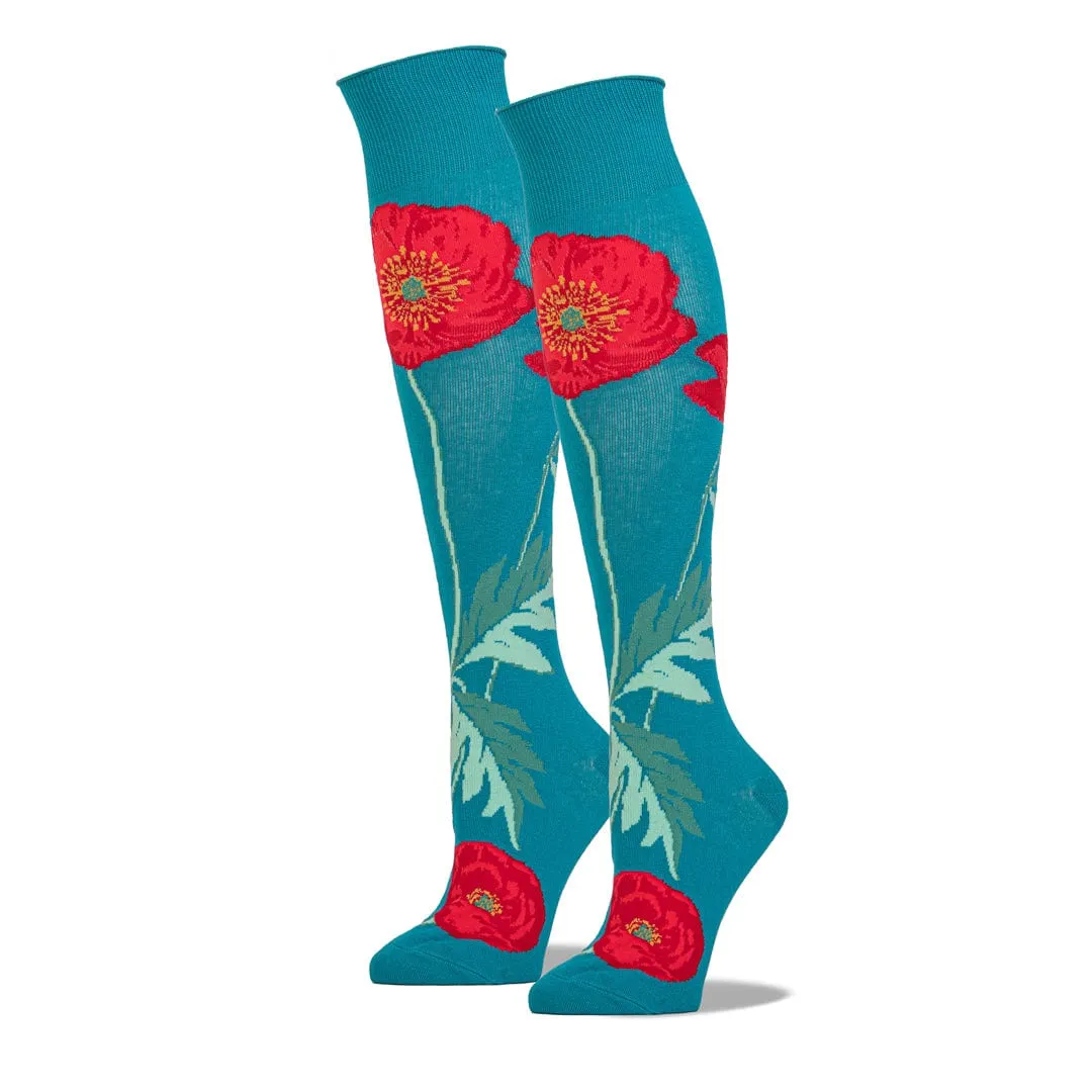 Bold Poppies Flower Socks Teal Women's Knee High Sock