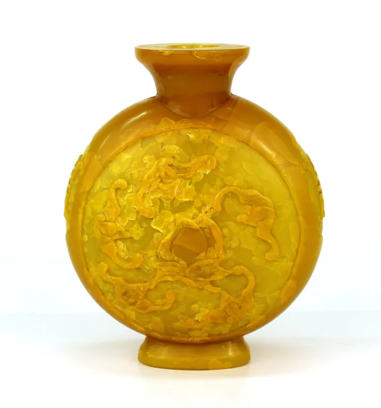 Chinese Peking Imperial Yellow Vase with High Relief Motif of Bats and Peaches