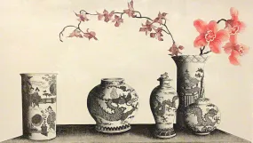 Chinoiserie Vases & Cherry Blossoms Lithograph