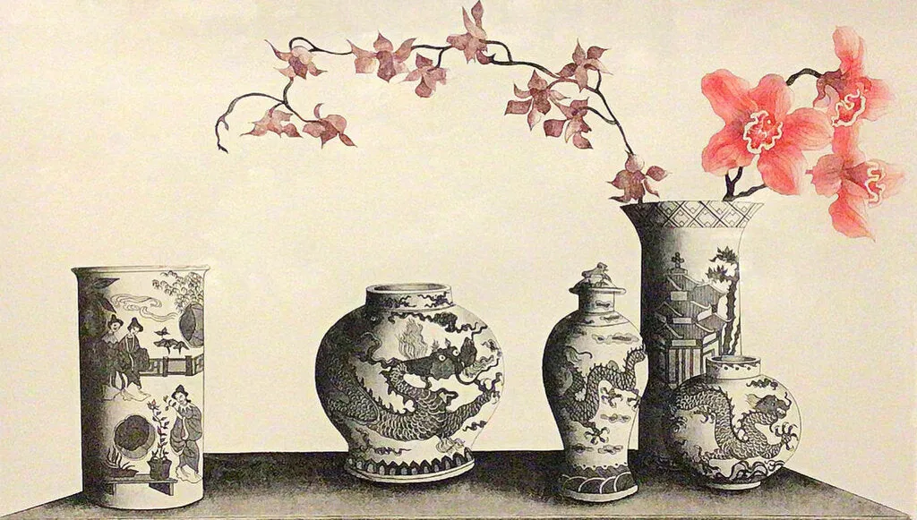 Chinoiserie Vases & Cherry Blossoms Lithograph