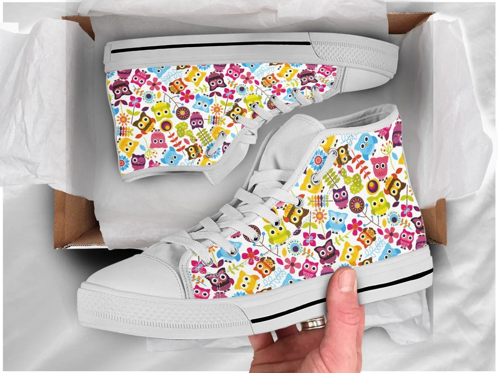 Colorful Owl Shoes Owl Sneakers Owl  Print Pattern Cute Shoes Owl Lover Gifts Custom High Top Converse Style Sneakers For Adults Women & Men