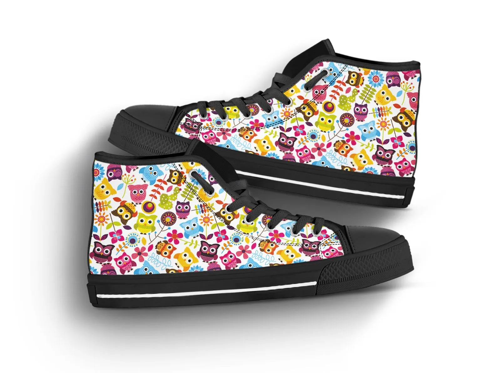 Colorful Owl Shoes Owl Sneakers Owl  Print Pattern Cute Shoes Owl Lover Gifts Custom High Top Converse Style Sneakers For Adults Women & Men