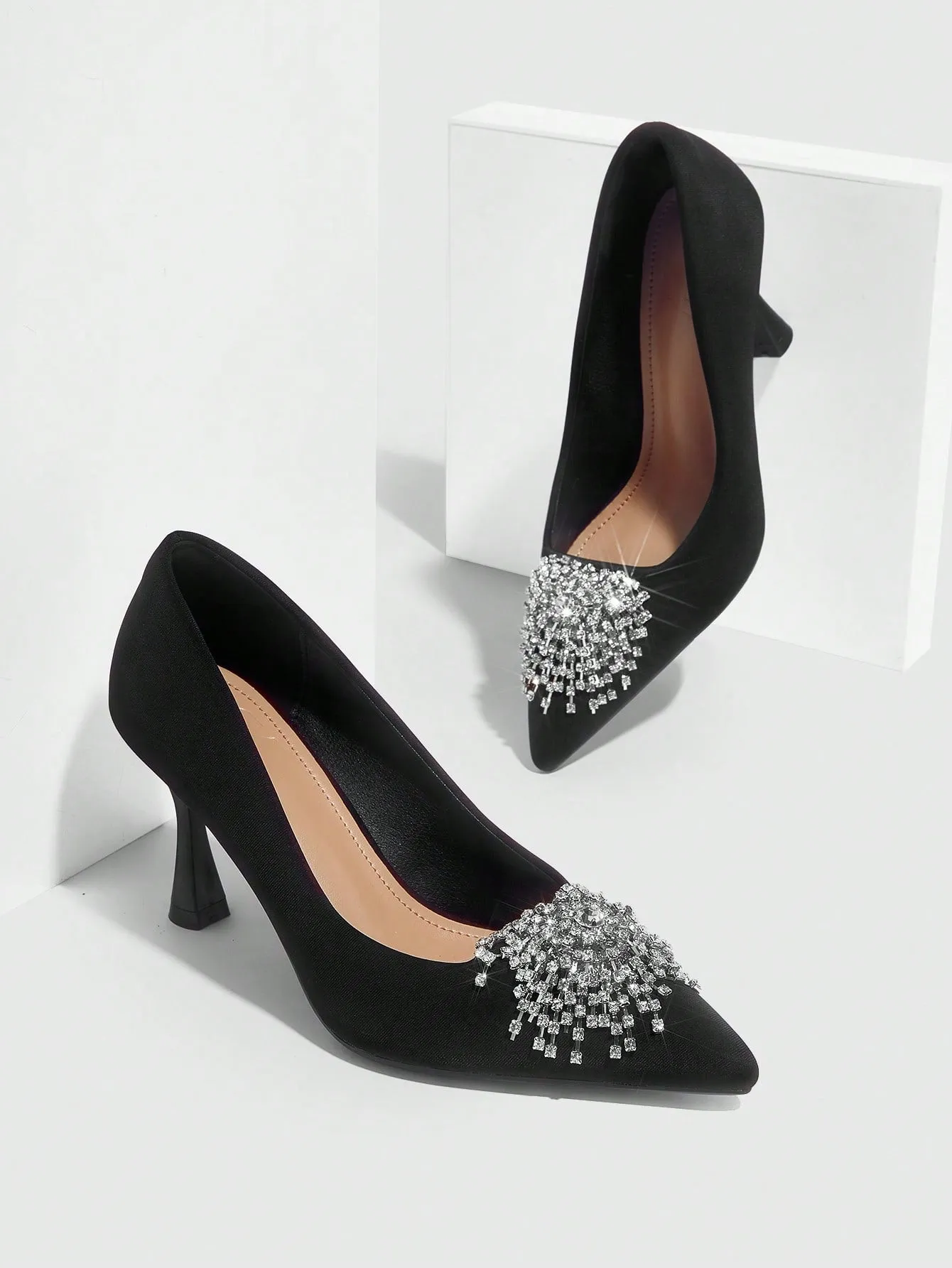 CUCCOO CHICEST Women Rhinestone Decor Point Toe Valentine Days Day Pyramid Heeled Glamorous Black Court Pumps Vacation Shoes Summer Sale Elegant Heels