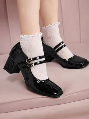 CUCCOO DOLLMOD Women Shoes Fashionable & Comfortable & Versatile Mary Jane Black Chunky High-Heeled Shoes With Double Buckle Collegiate Style For Summer Graduation Heels Prom Heels Back To School Shoes College Student Shoes