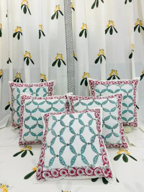 Dilrubaa , Cotton Hand Block  Print 5 Pc Cushion Cover Set-SHARA001CCD