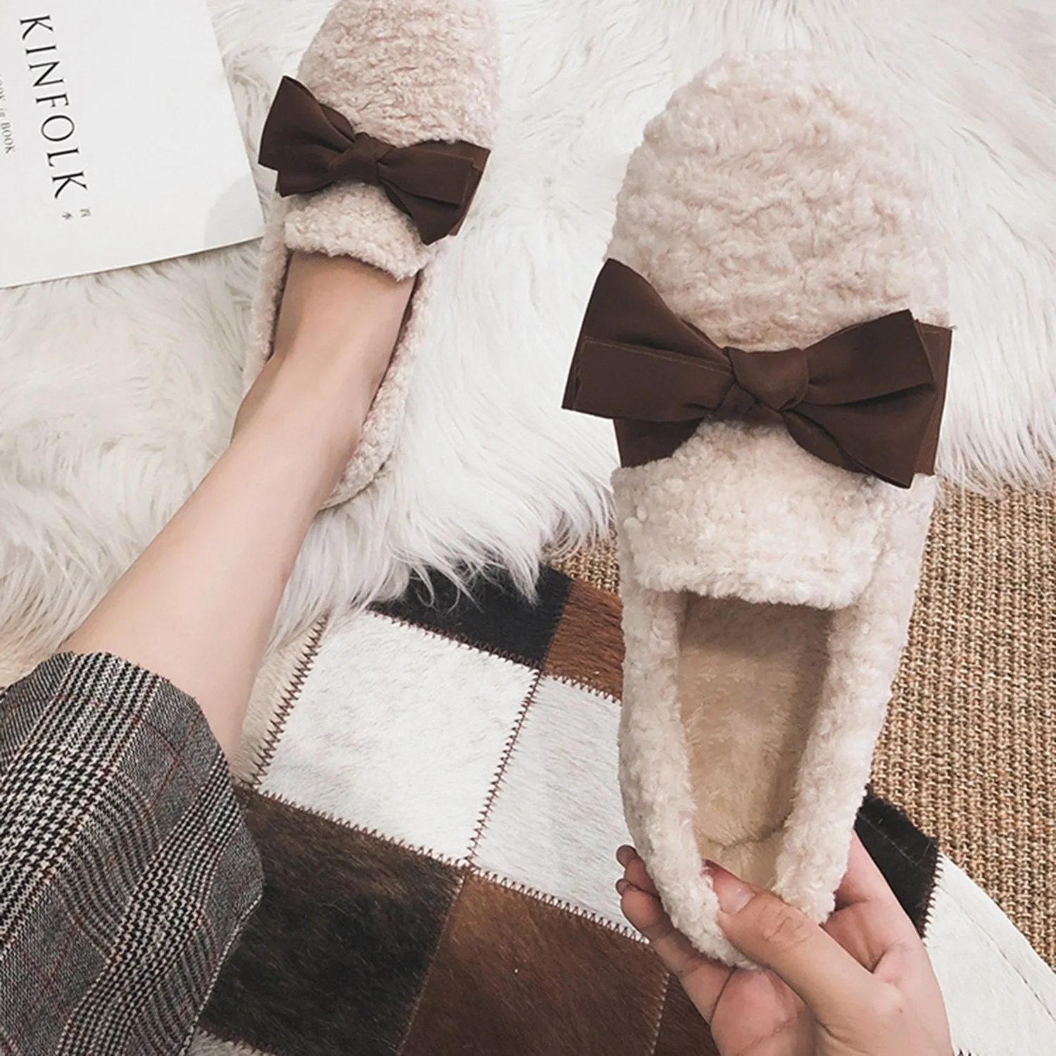 Faux Lamb Wool Comfy Warm Bow Loafers