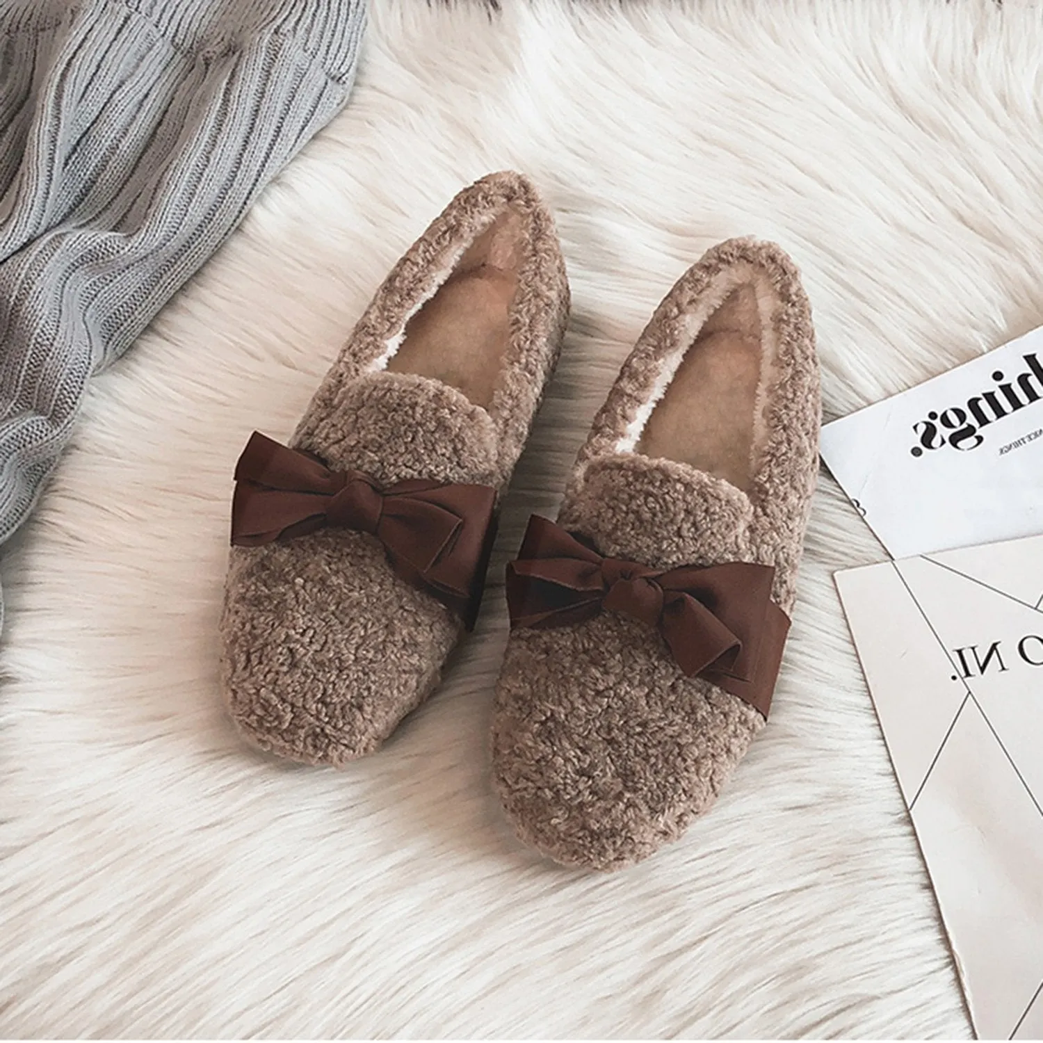 Faux Lamb Wool Comfy Warm Bow Loafers