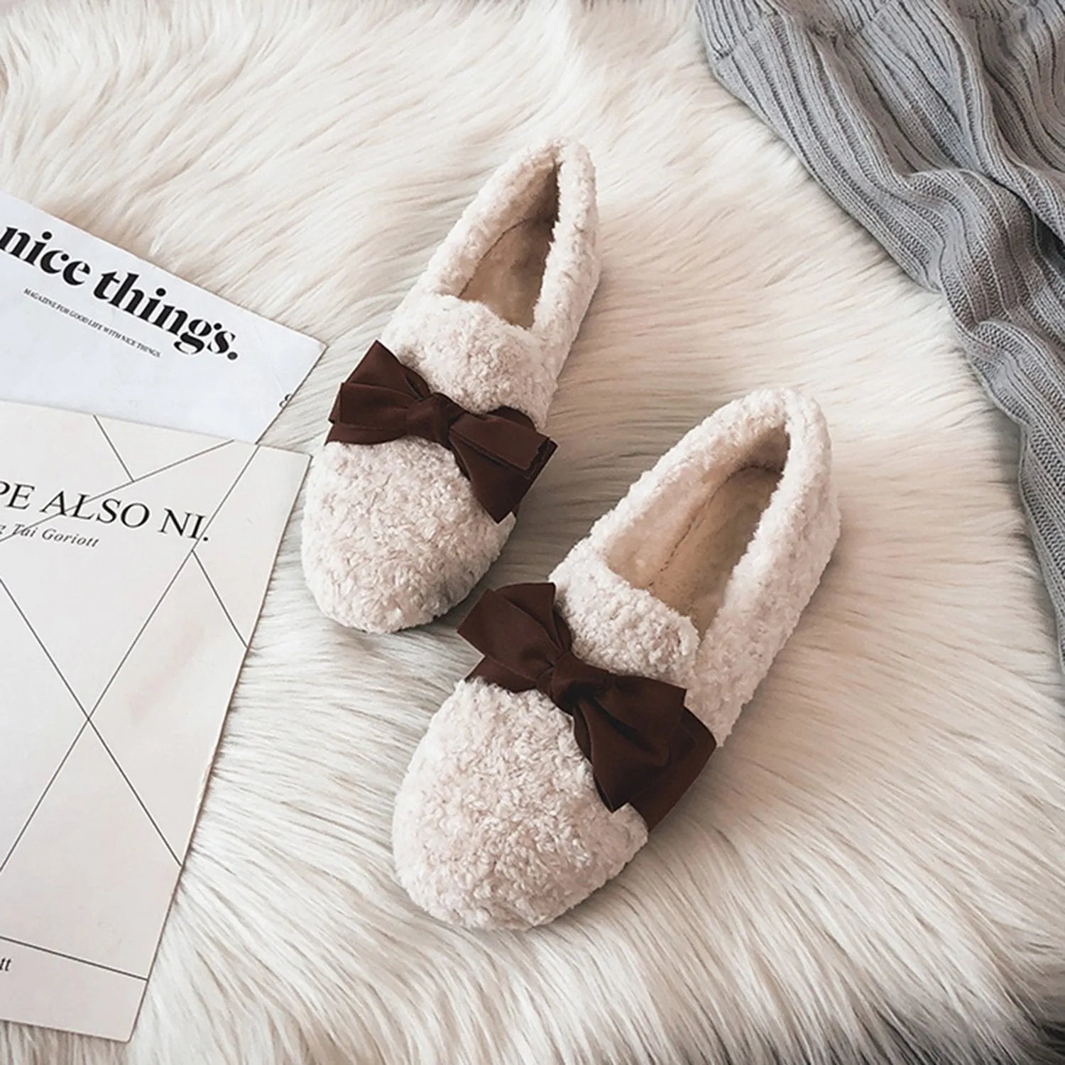 Faux Lamb Wool Comfy Warm Bow Loafers