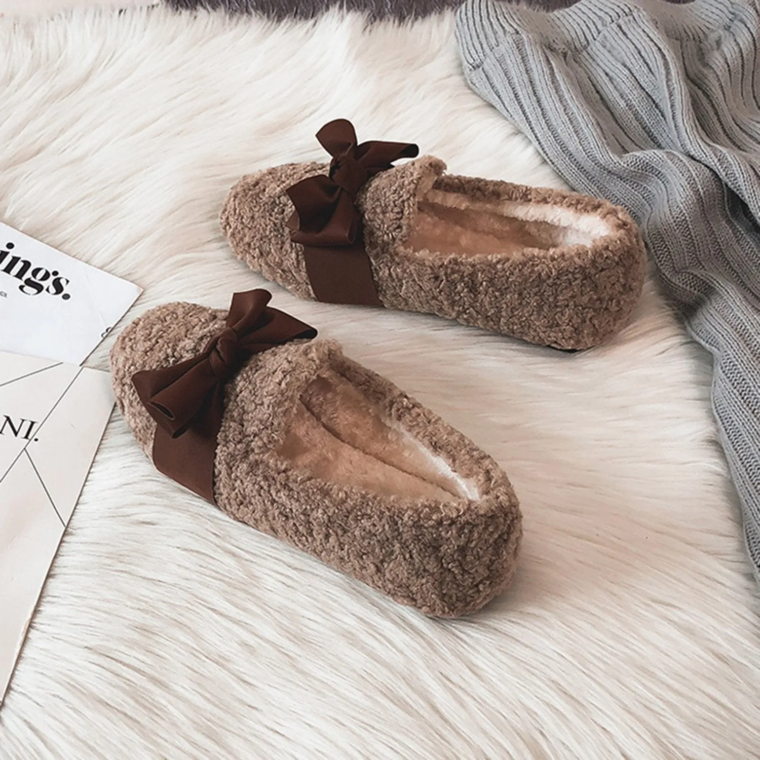 Faux Lamb Wool Comfy Warm Bow Loafers