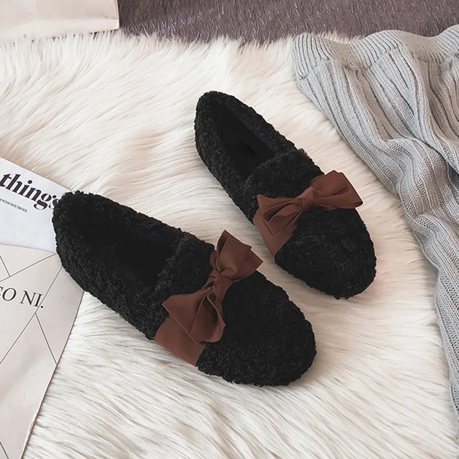 Faux Lamb Wool Comfy Warm Bow Loafers