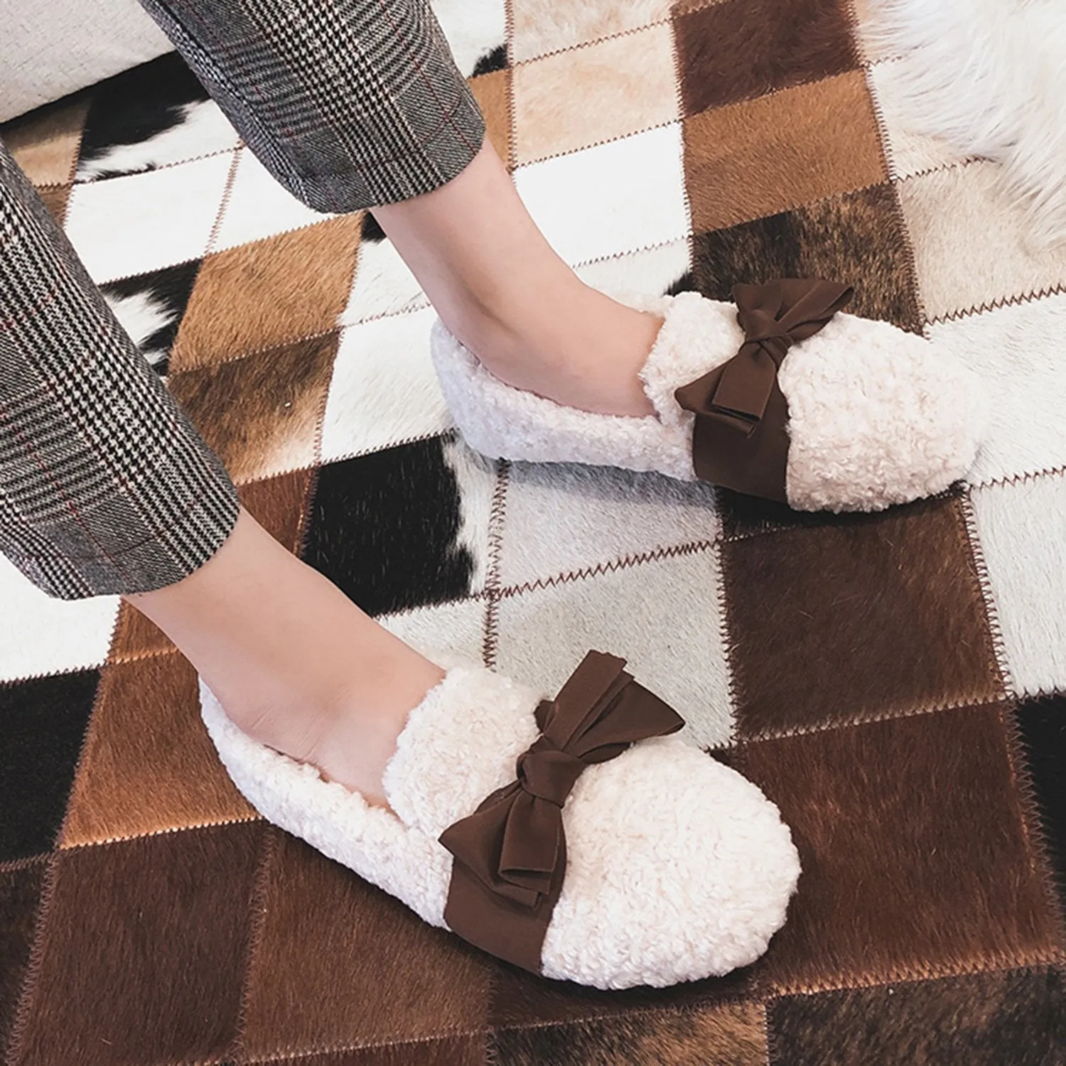 Faux Lamb Wool Comfy Warm Bow Loafers