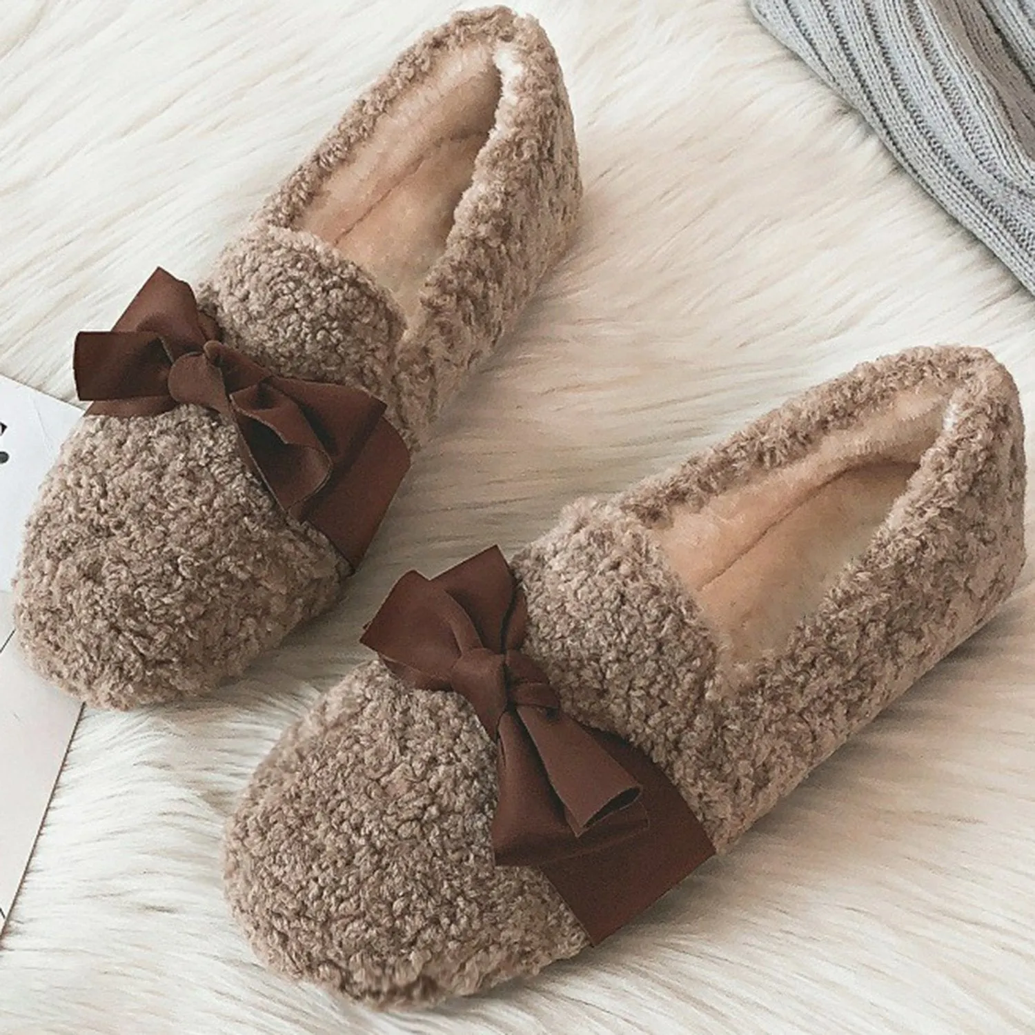 Faux Lamb Wool Comfy Warm Bow Loafers