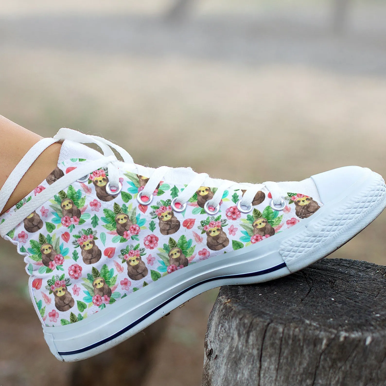 Floral Sloth Shoes Sloth Sneakers Cute Shoes Sloth Lover Gifts Custom High Top Converse Style Sneakers For Adults Women & Men