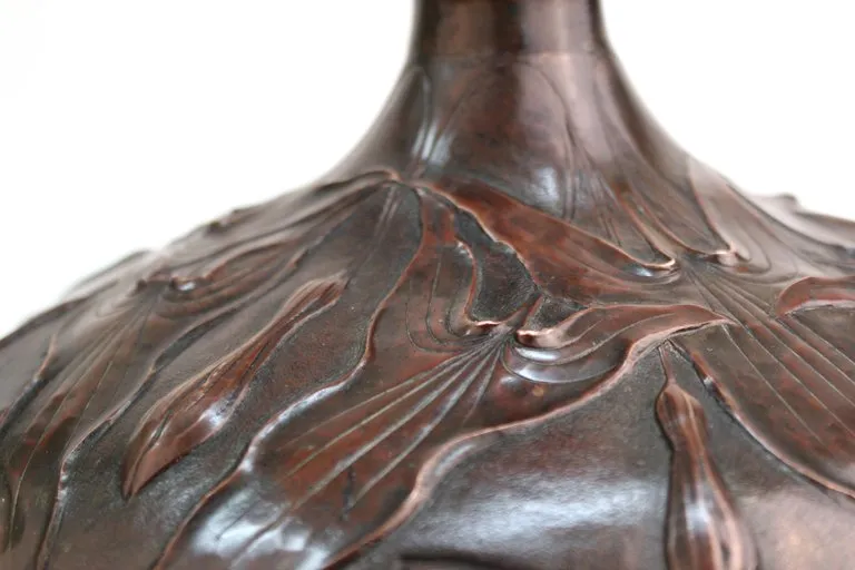 French Art Nouveau Copper Repousse Vase with Leaves Motif