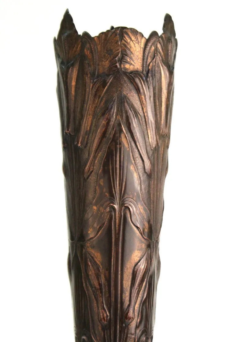 French Art Nouveau Copper Repousse Vase with Leaves Motif