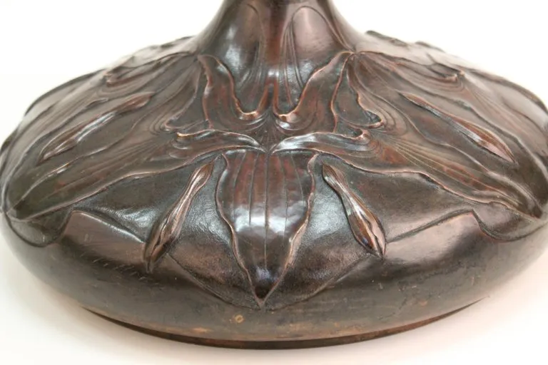 French Art Nouveau Copper Repousse Vase with Leaves Motif