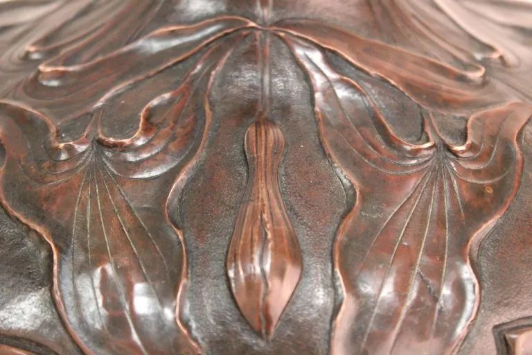 French Art Nouveau Copper Repousse Vase with Leaves Motif