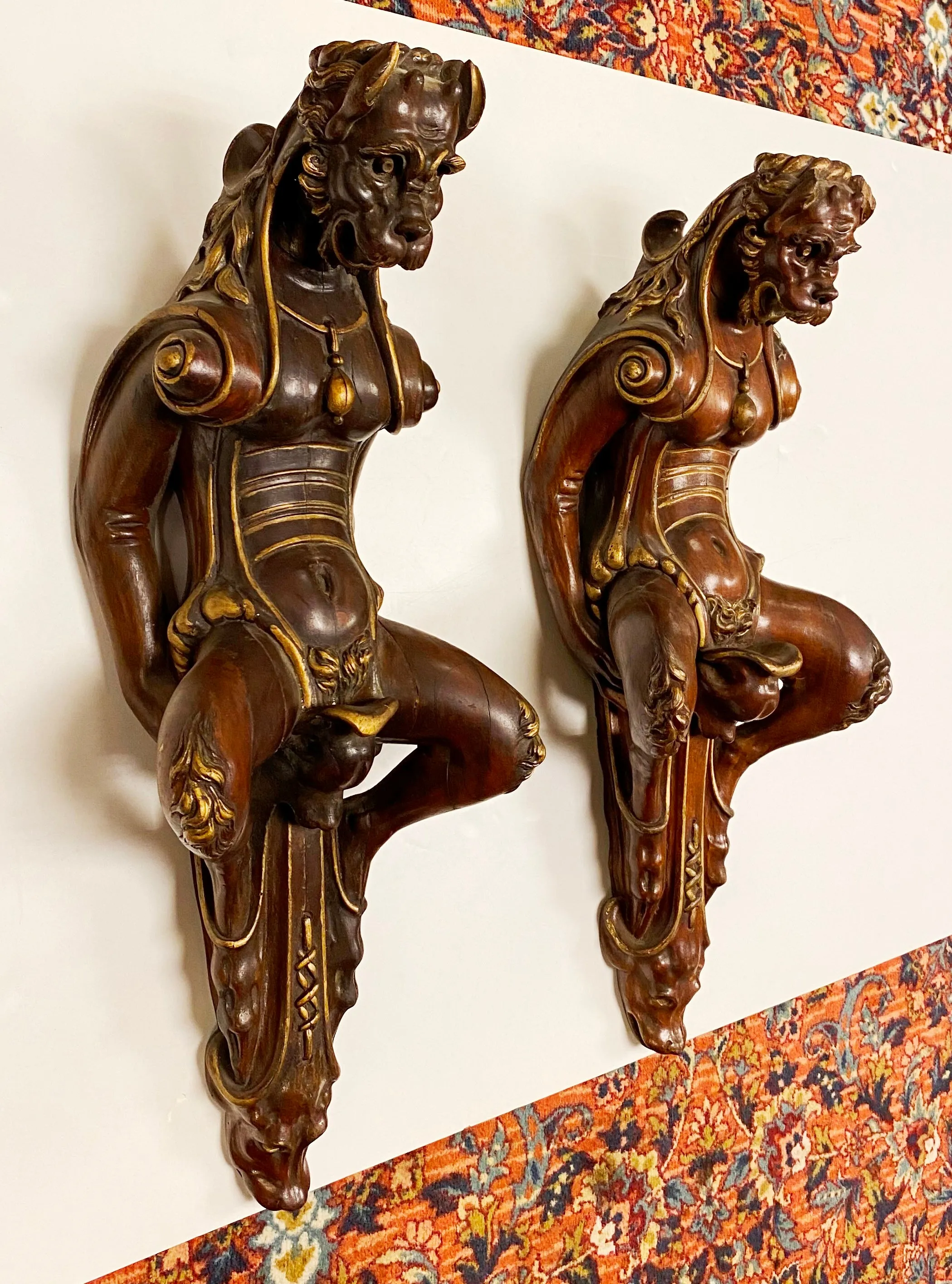 Italian Florentine Carved Wood Dog Wall Sculptures