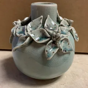 Light Blue Ceramic Vase with Raised Flowers