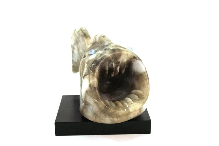 Mid-Century Modern Blowfish Sculpture in White Stone with Glass Marble Eyes