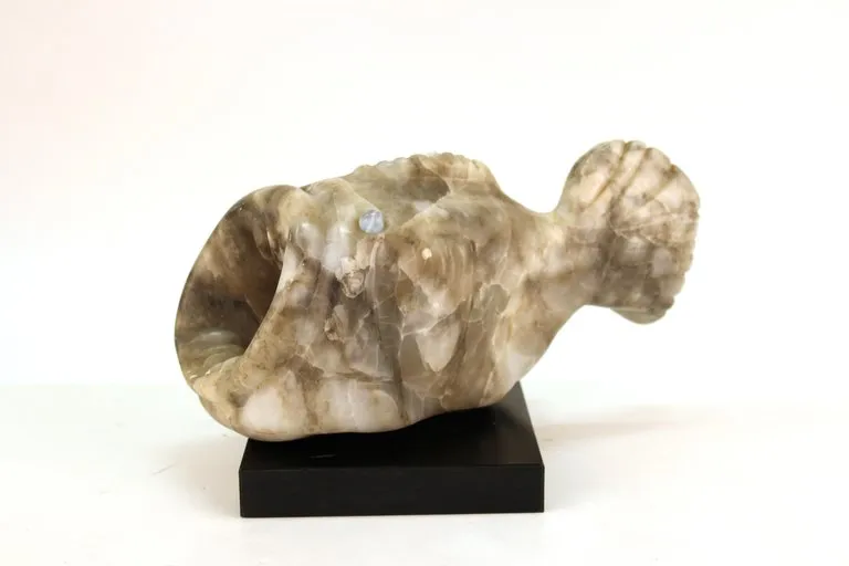 Mid-Century Modern Blowfish Sculpture in White Stone with Glass Marble Eyes