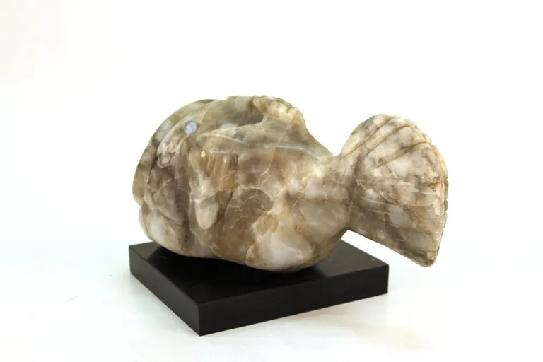 Mid-Century Modern Blowfish Sculpture in White Stone with Glass Marble Eyes