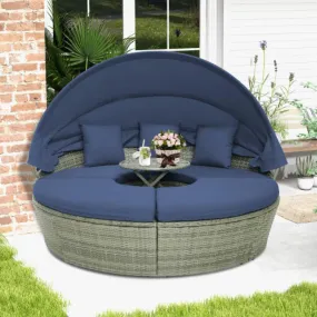 Outdoor PE Wicker Round Daybed with Retractable Canopy and Cushions-Navy