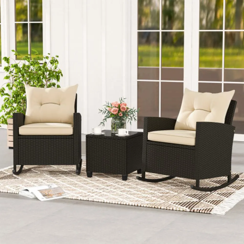 Patio Rattan Roker Chairs with Tempered Glass Table and Soft Cushions for Backyard  Poolside Porch-Beige