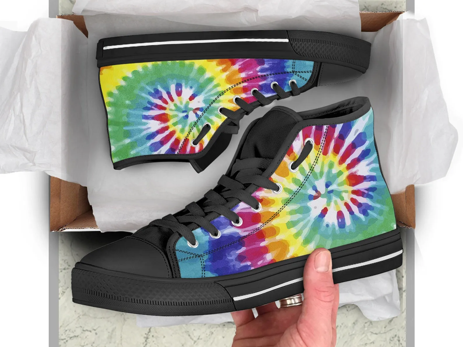 Rainbow Print Shoes Tie Dye Sneakers Colorful Shoes Rainbow Lover Gifts Custom High Top Converse Style Sneakers For Adults Women & Men