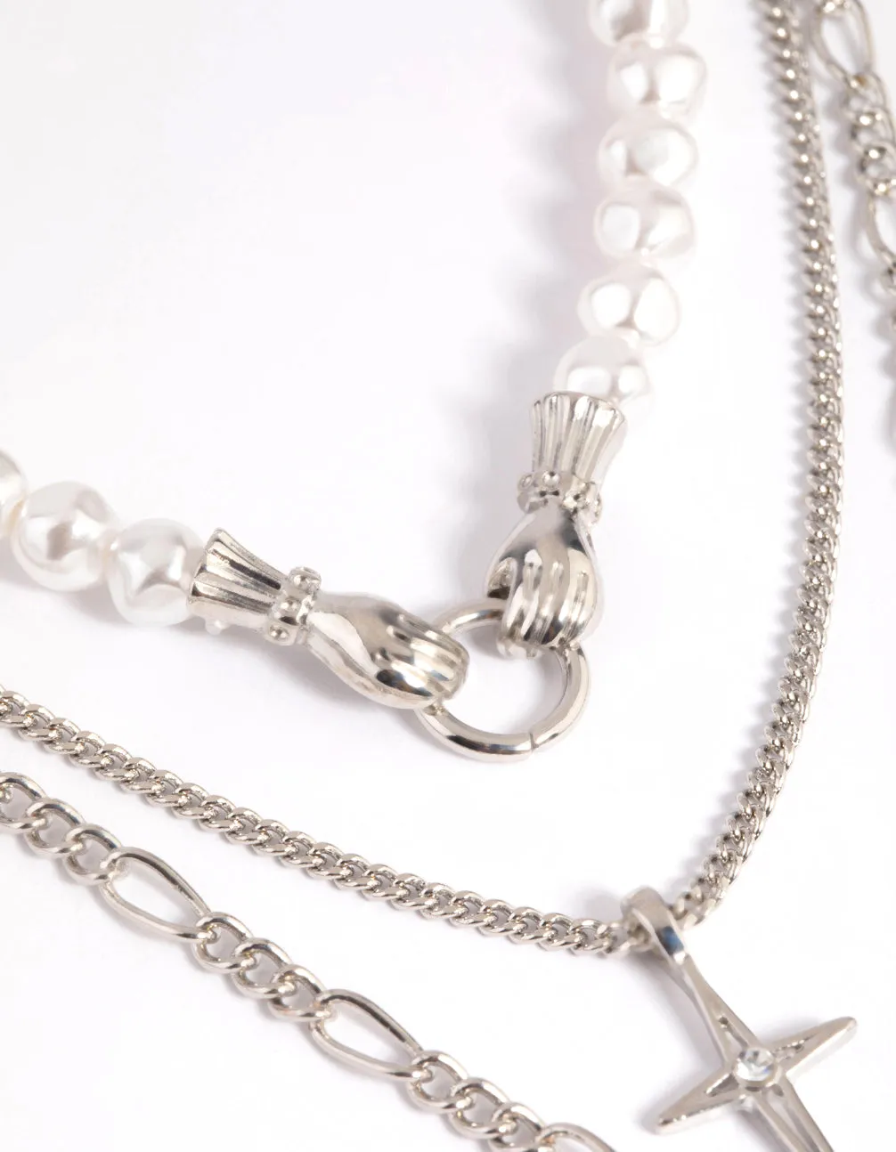 Rhodium Pearl Heart Star Layered Necklace