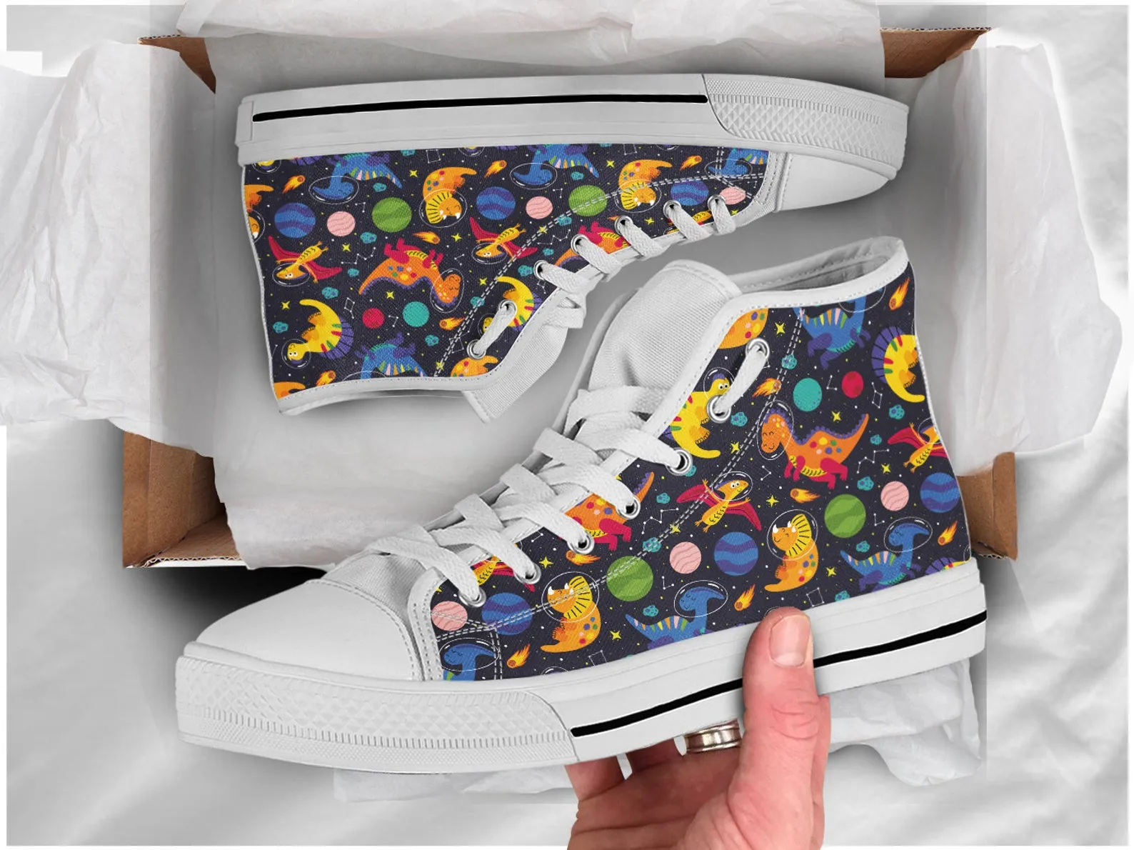 Space Dinosaur Shoes Dinosaur Print Sneakers Cute Shoes Dinosaur Lover Gifts Custom High Top Converse Style Sneakers For Adults Women & Men