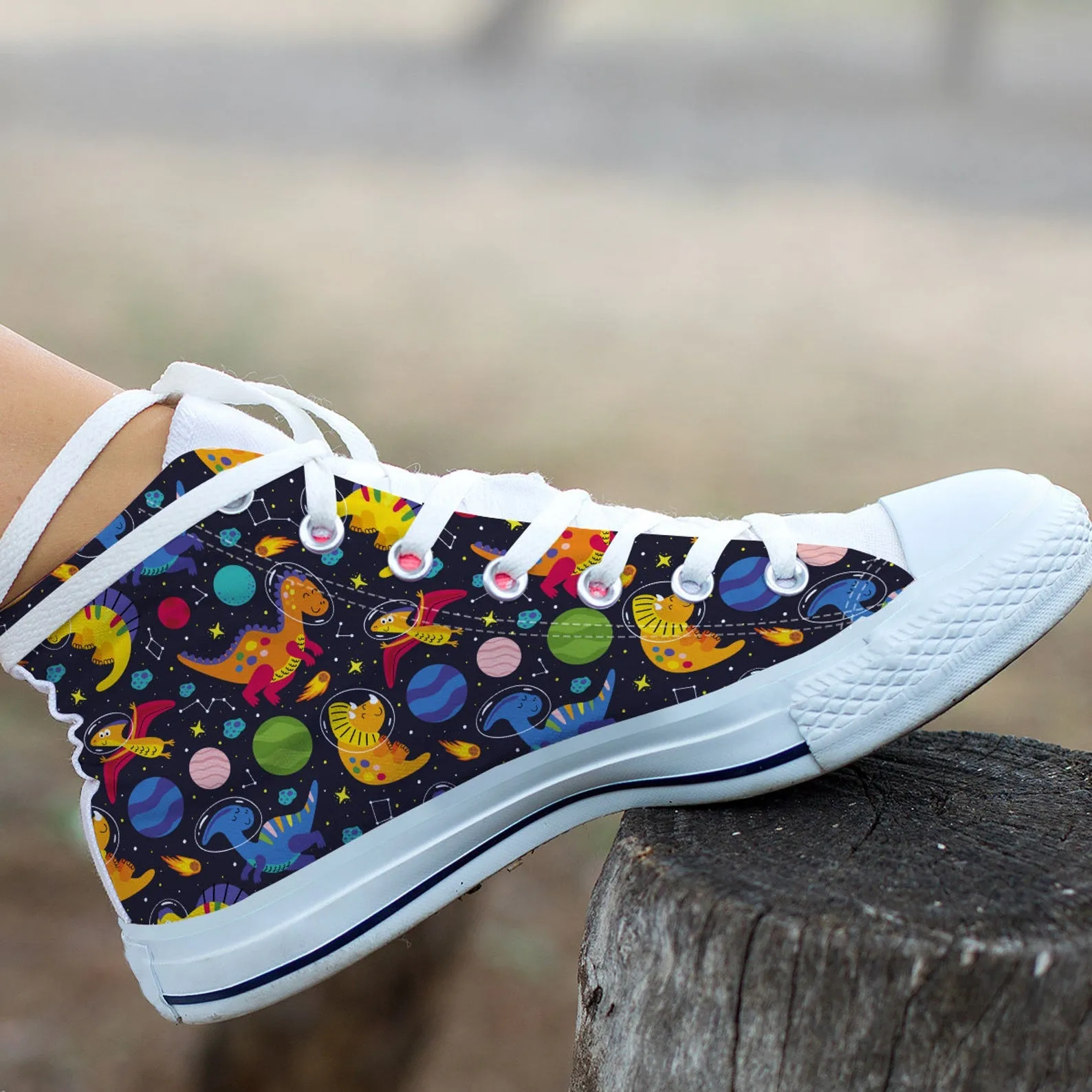 Space Dinosaur Shoes Dinosaur Print Sneakers Cute Shoes Dinosaur Lover Gifts Custom High Top Converse Style Sneakers For Adults Women & Men