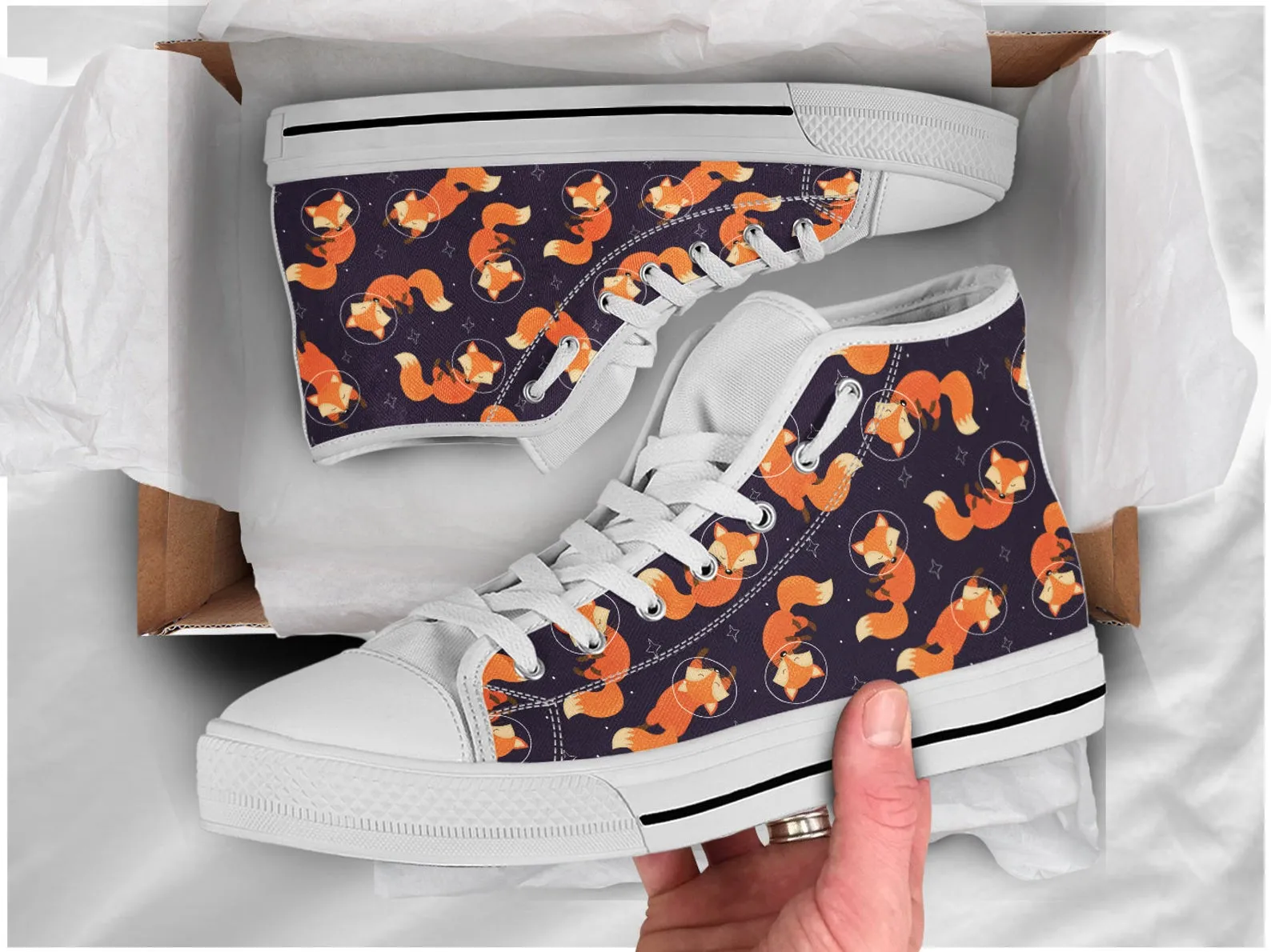 Space Fox Shoes Fox Pattern Sneakers Fox Print Cute Shoes Fox Lover Gifts Custom High Top Converse Style Sneakers For Adults Women & Men