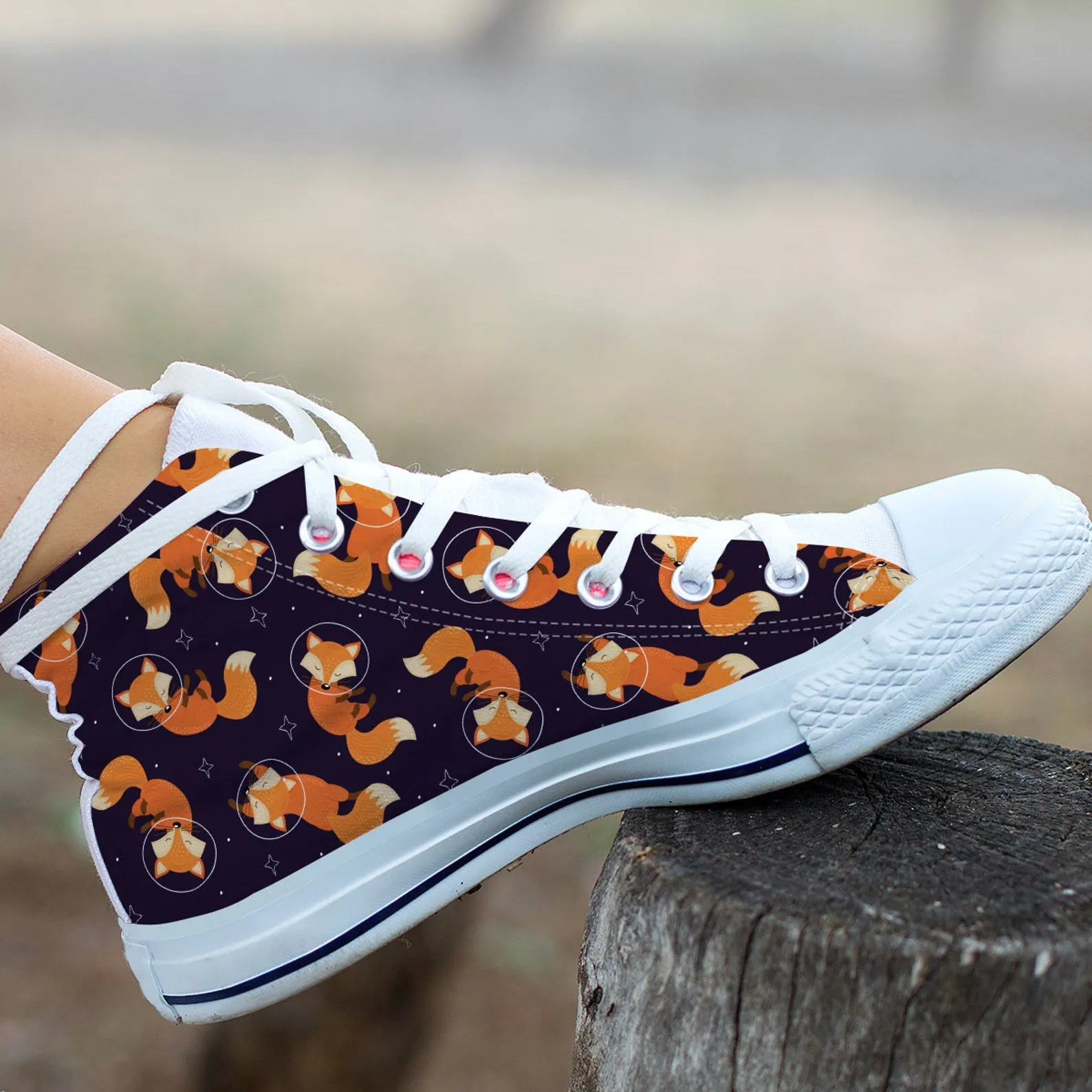 Space Fox Shoes Fox Pattern Sneakers Fox Print Cute Shoes Fox Lover Gifts Custom High Top Converse Style Sneakers For Adults Women & Men